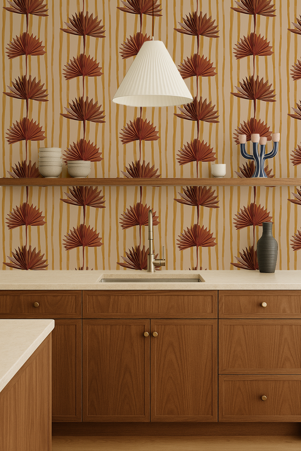 Stripey Palm Wallpaper, nude mustard and rust
