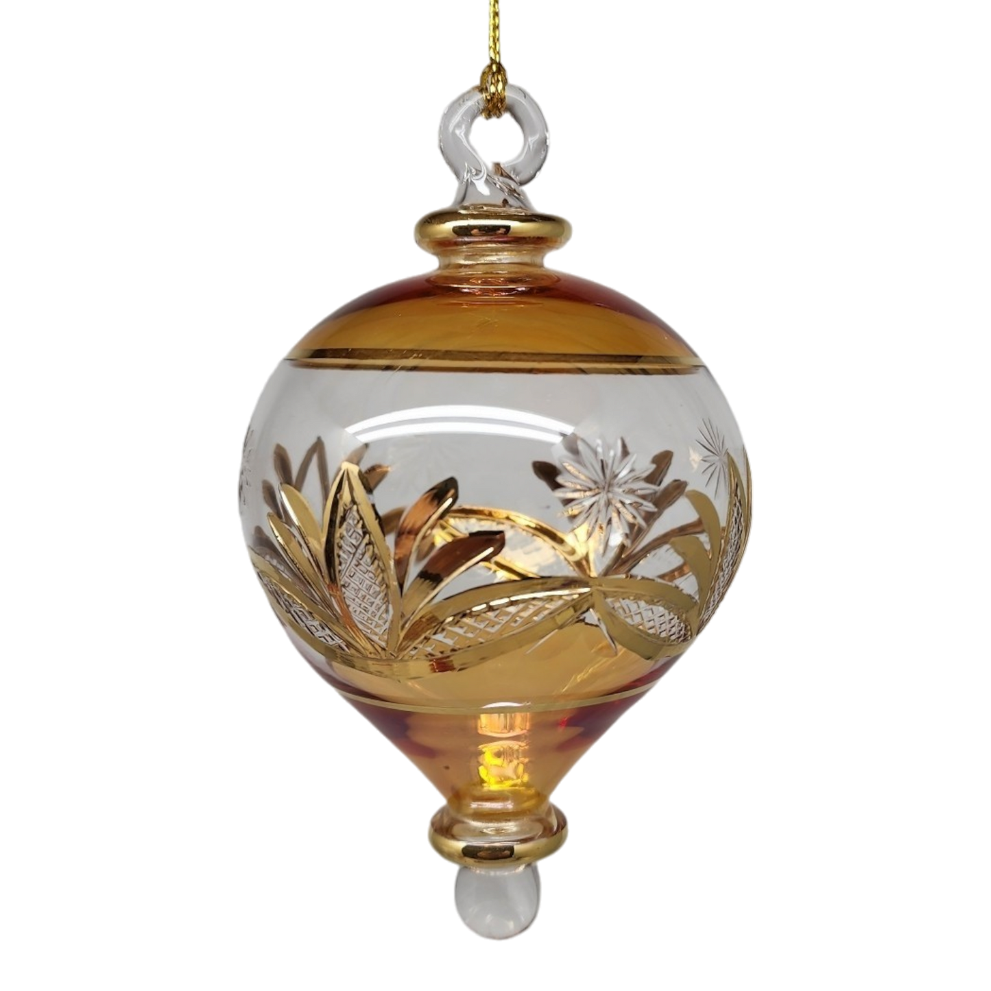 Etched Gold Teardrop Blown Glass Ornament - Gold