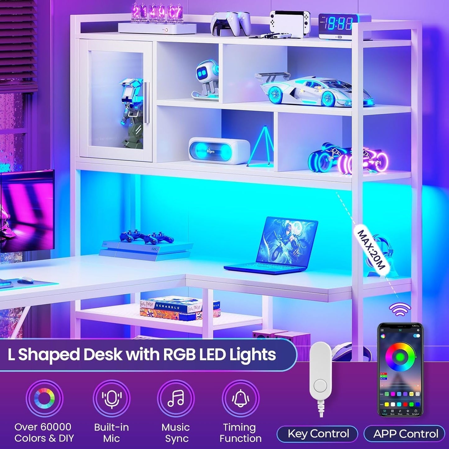 58 Inch L Shaped Desk With LED Light For Home Office