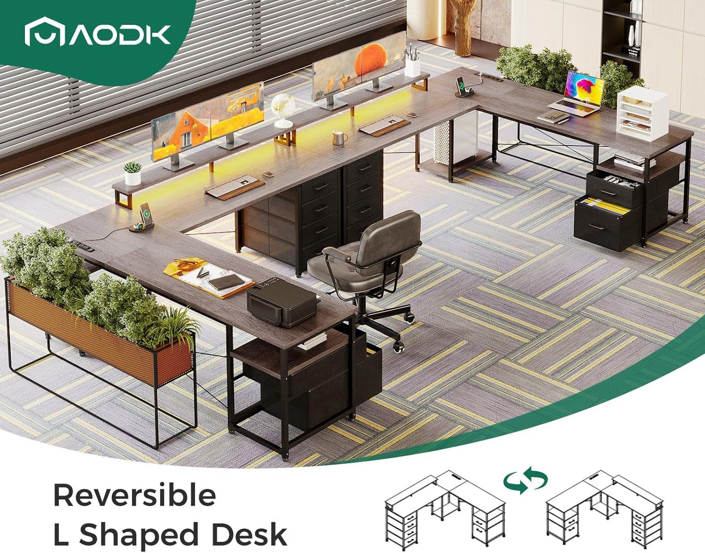 L Shaped Computer Desk with File Cabinet and LED Light