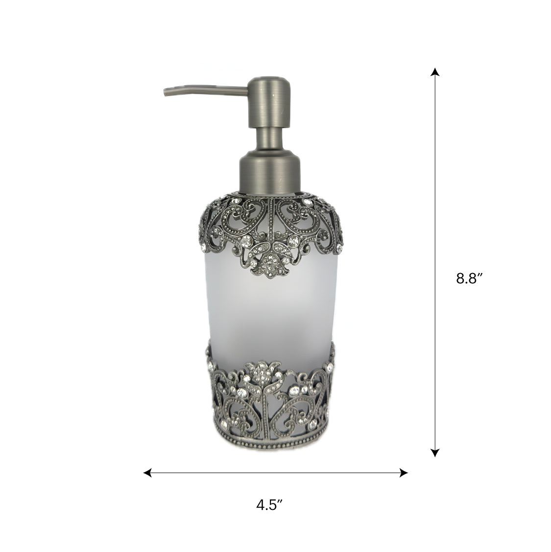 Soap Dispenser – Frosted Glass Bathroom Accessory With Rhinestones & Pewter Finish