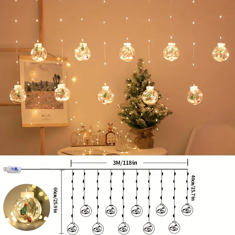 LED Christmas Curtain Lights with Copper Wire & Wishing Ball