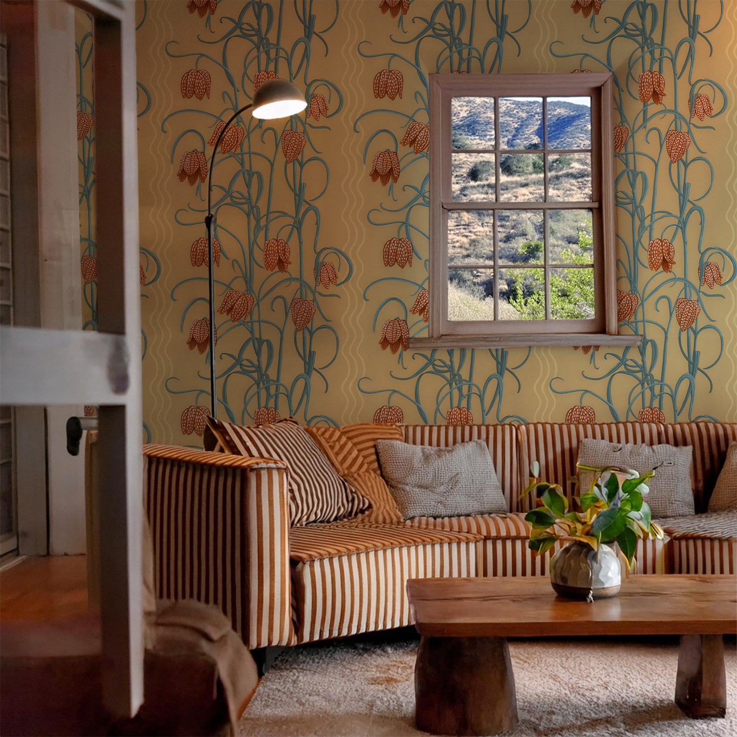 Campanas Wallpaper, butter yellow & slate blue