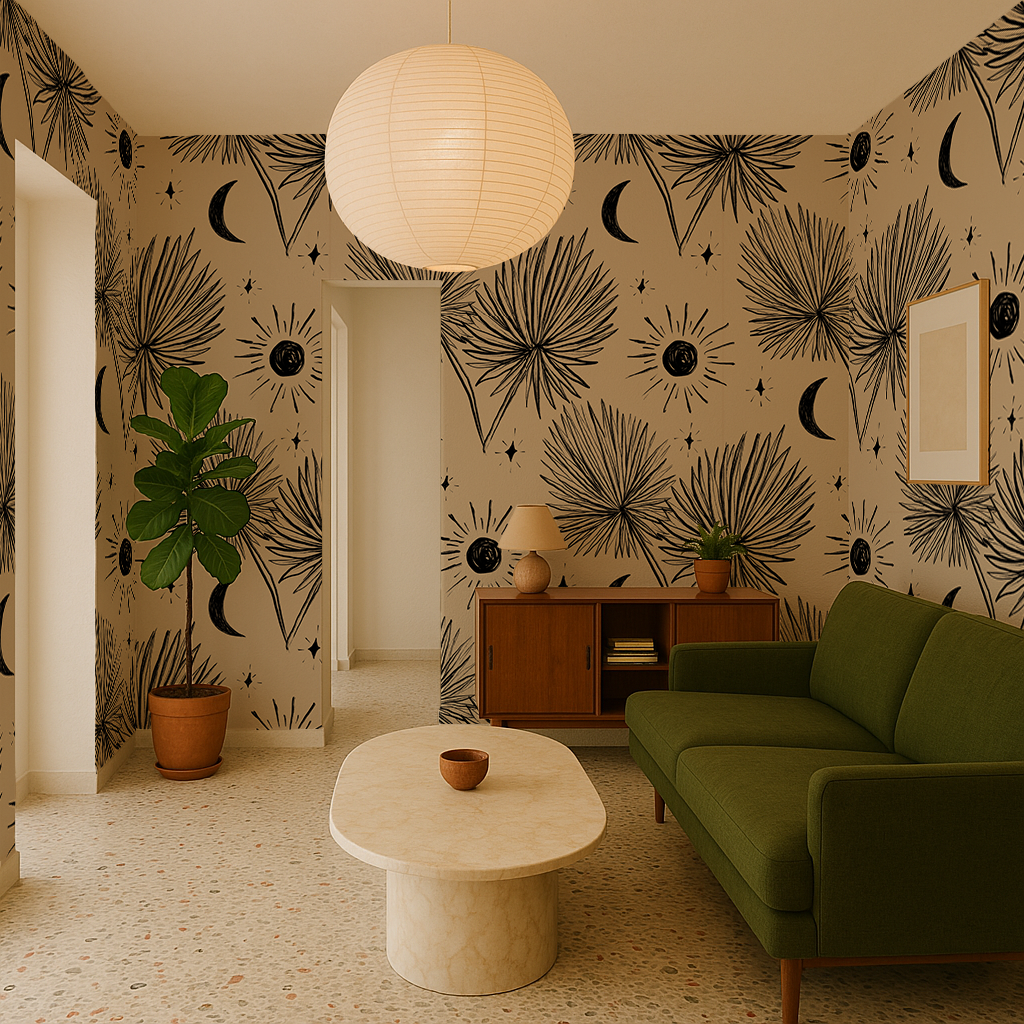 Night Palm Wallpaper, tan and black