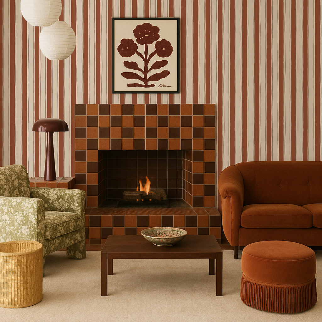Riviera Stripe Wallpaper, off-white and rust