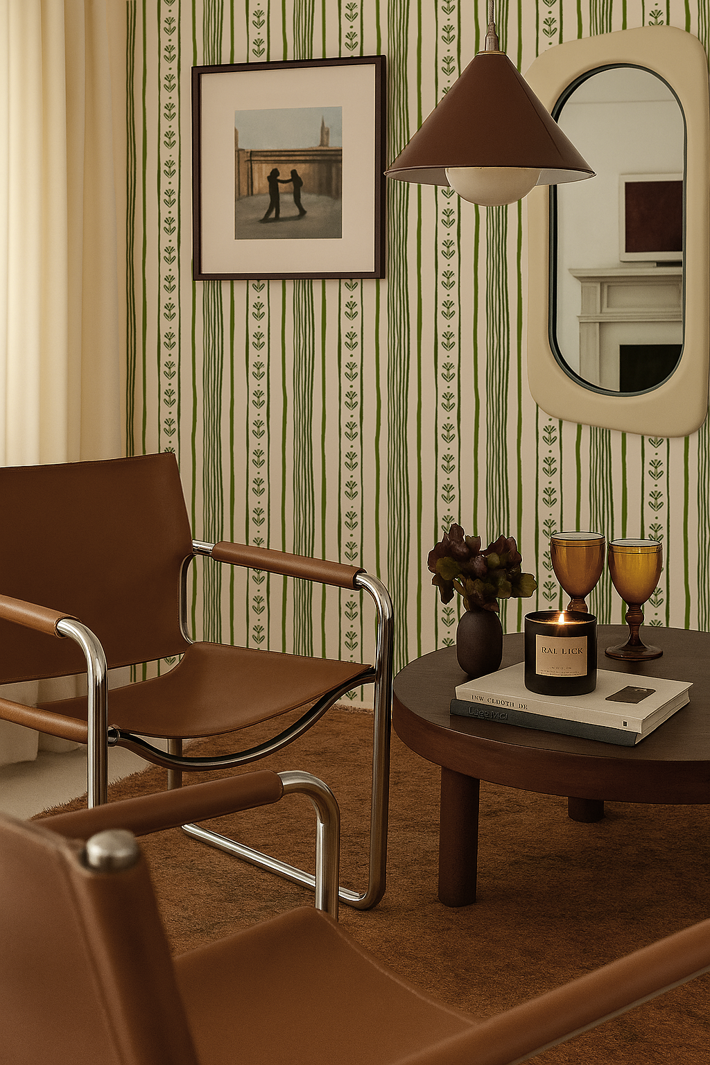 Daisy Chain Stripe Wallpaper, beige and green
