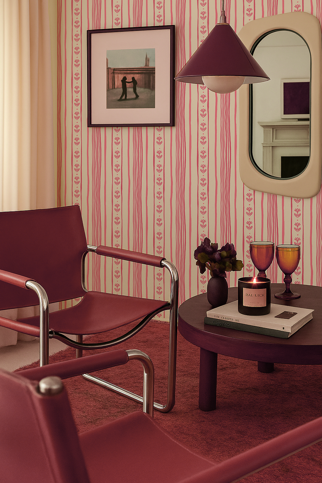 Daisy Chain Stripe Wallpaper, beige and pink