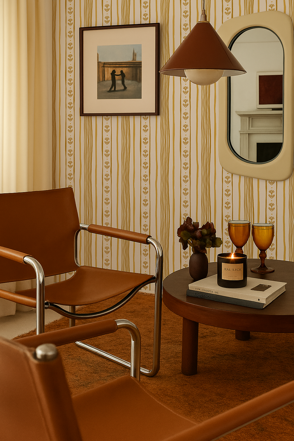 Daisy Chain Stripe Wallpaper, beige and yellow