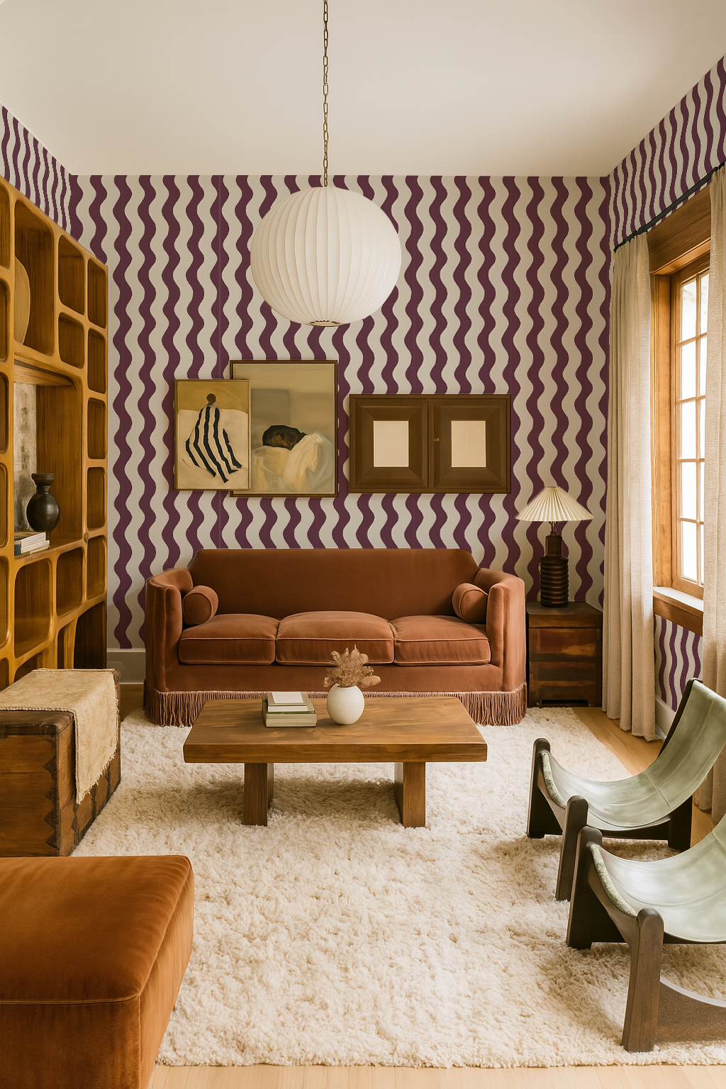 Ziggy Stripe Wallpaper, white and basil purple