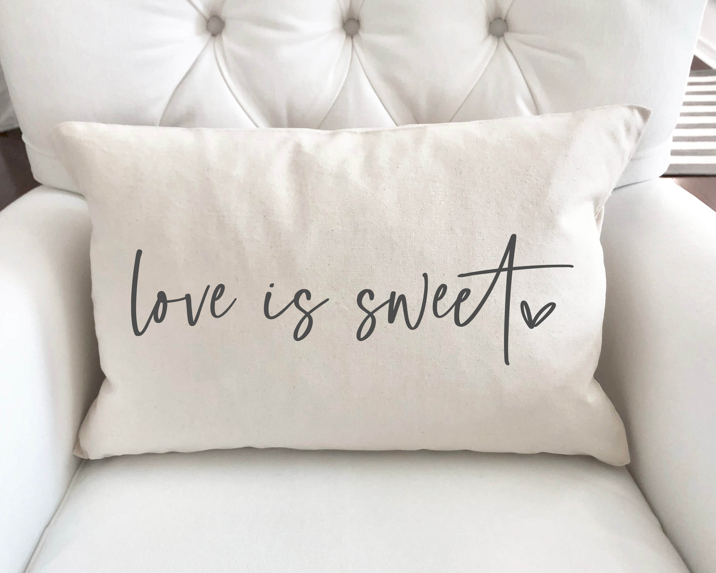 Love Is Sweet Valentine's Day Pillow Cover featuring charcoal writing on oatmeal fabric.