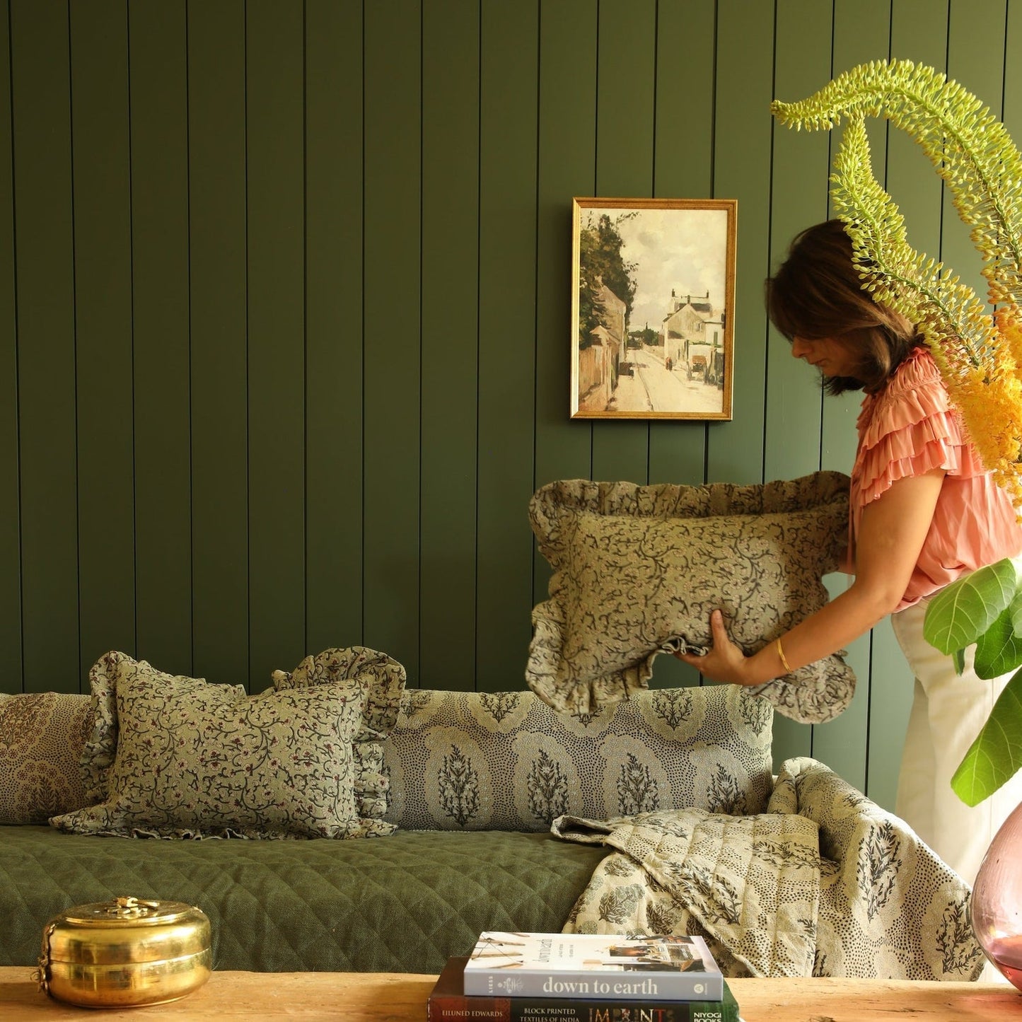 Inaya Linen Floral Throw Pillow Cover, Beachwood Ruffled