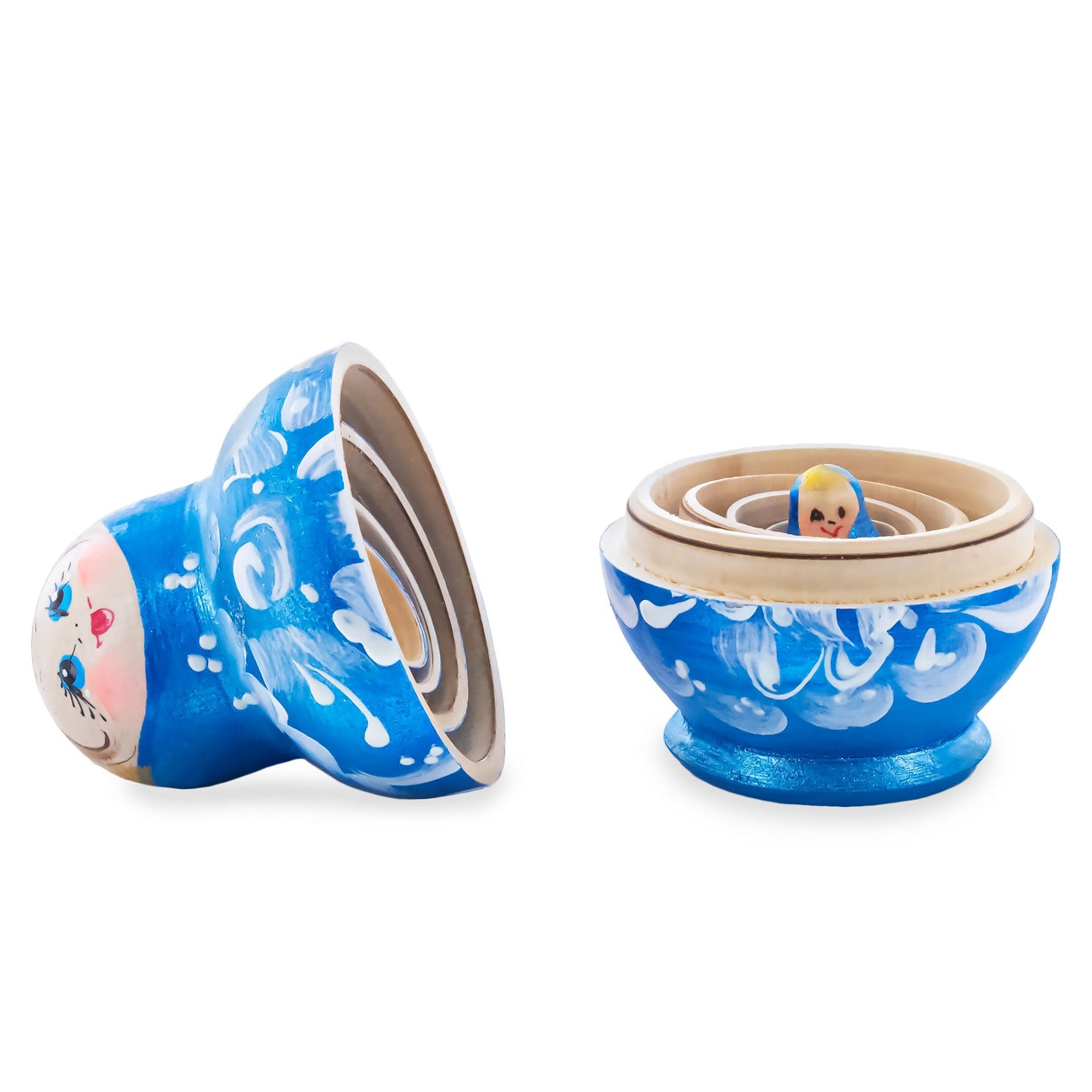 Blue Color with White Ornament Wooden Nesting Dolls