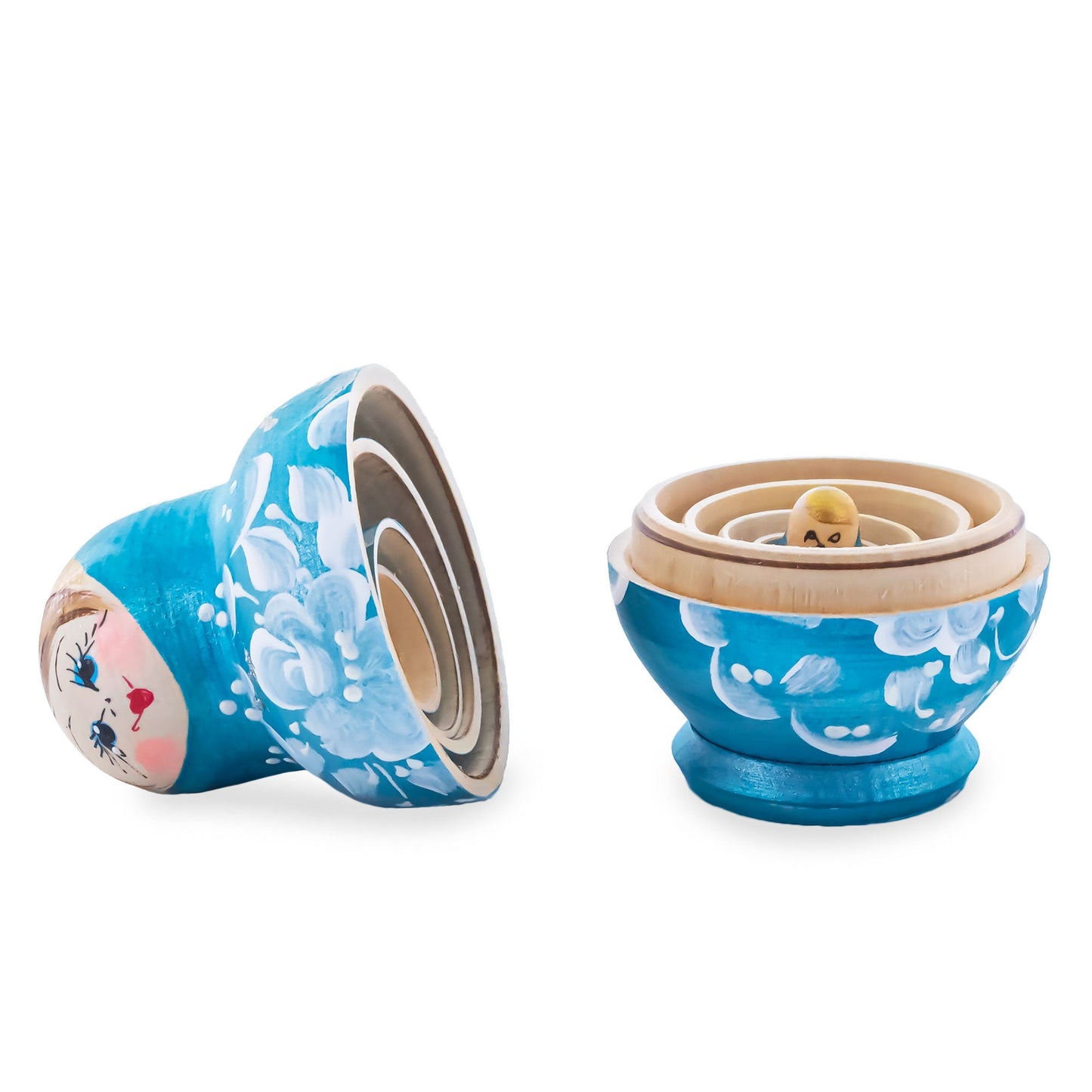 Light Blue Color with White Flower Wooden Nesting Dolls