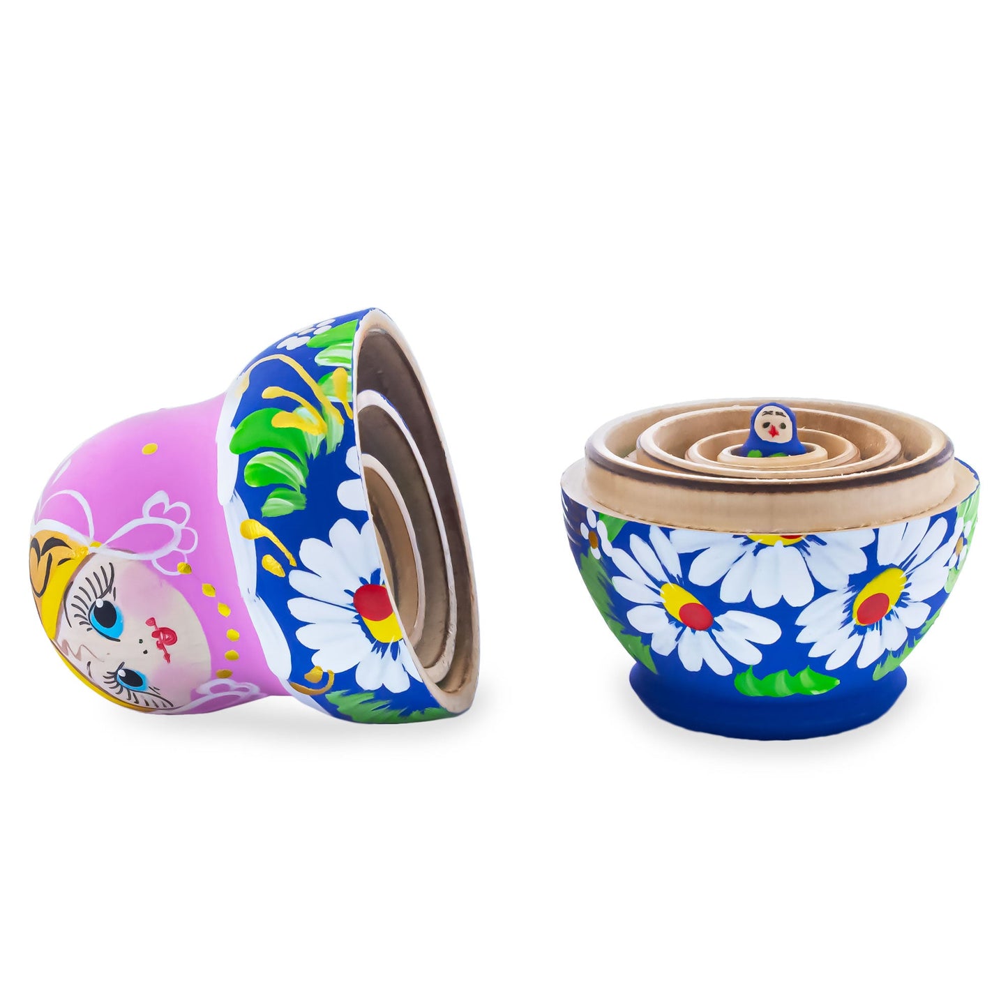 Pink Hood with White Flowers Wooden Nesting Dolls