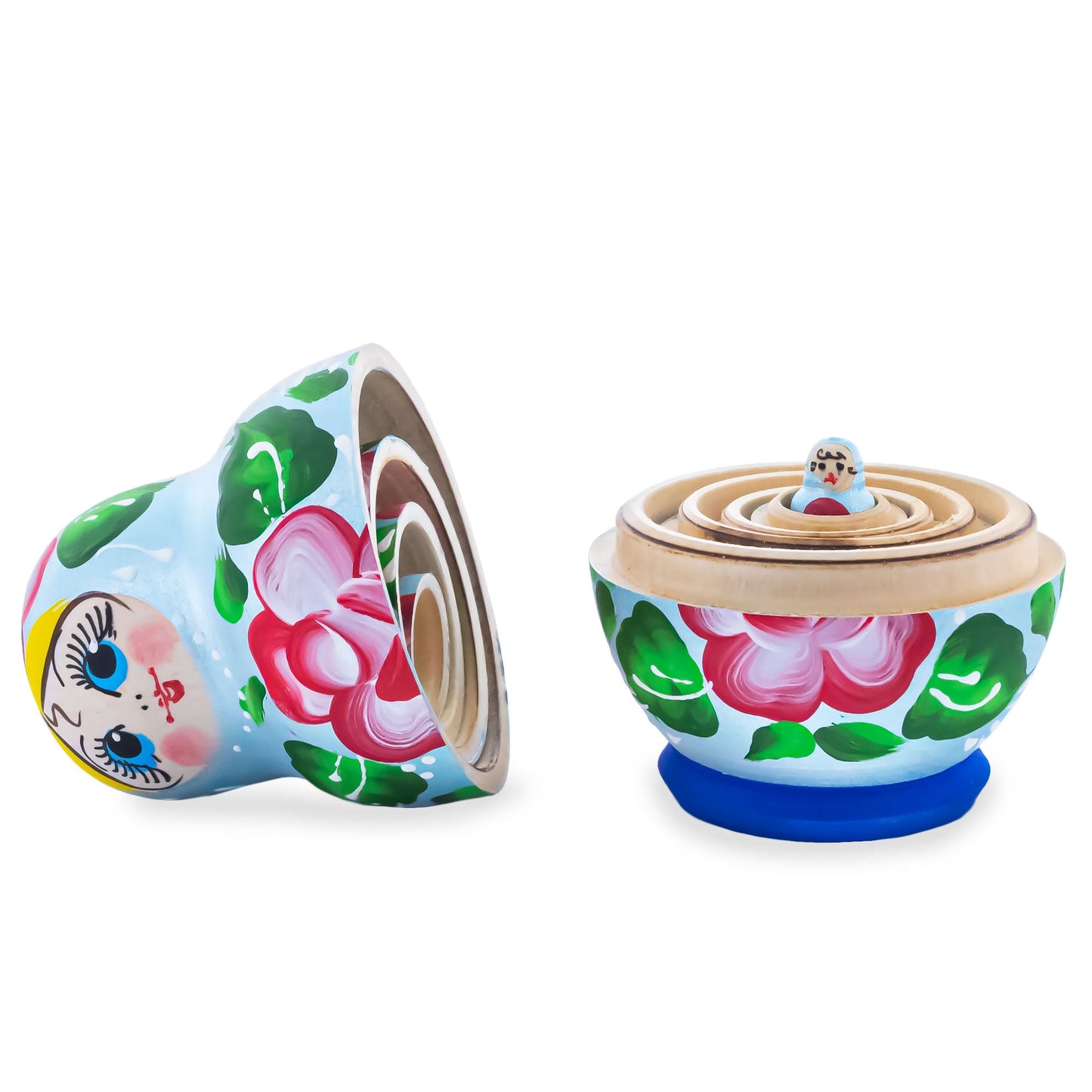 Light Blue Color with Red Flower Wooden Nesting Dolls