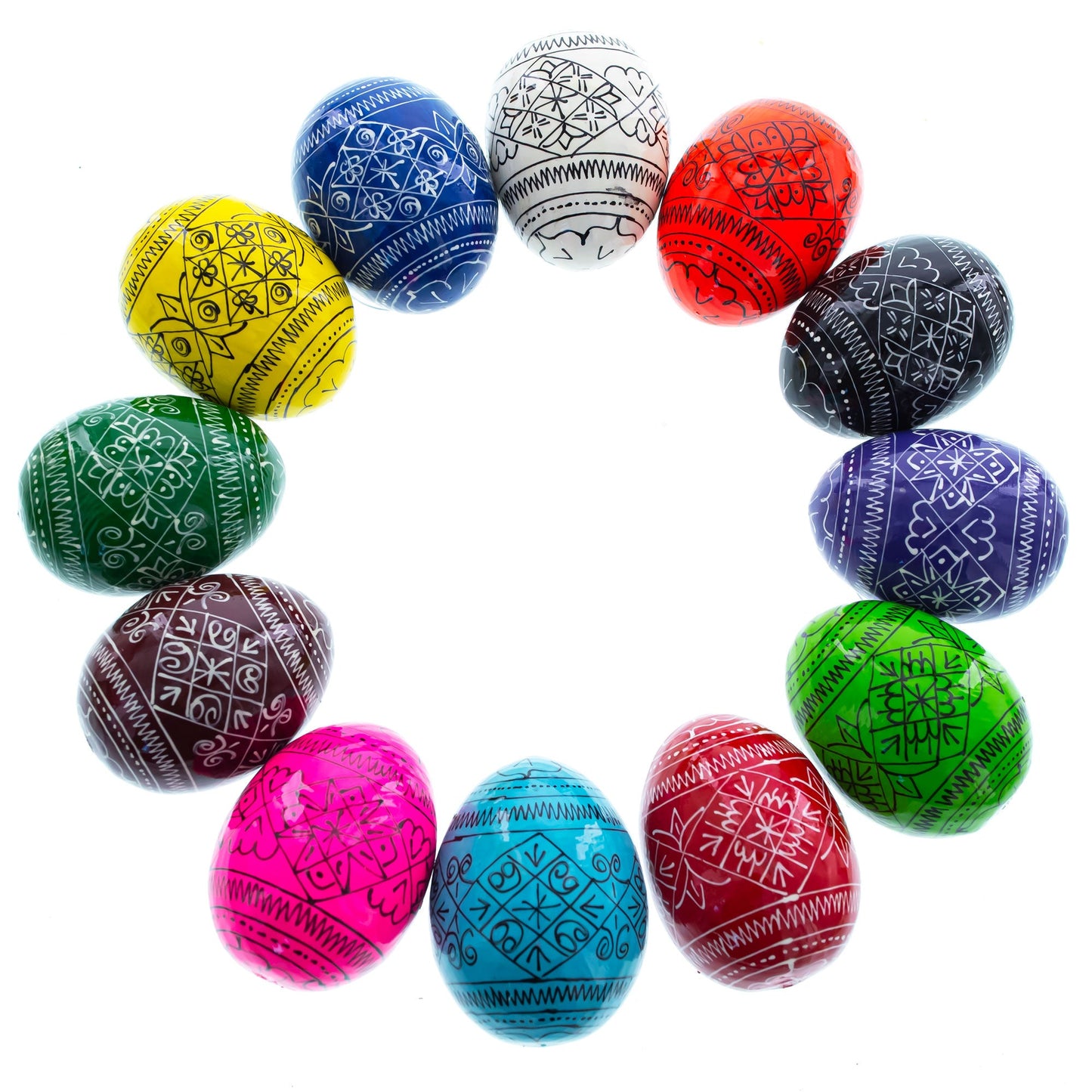 Set of 12 Multicolored Hand Painted Ukrainian Wooden Easter Eggs 2.5 Inches