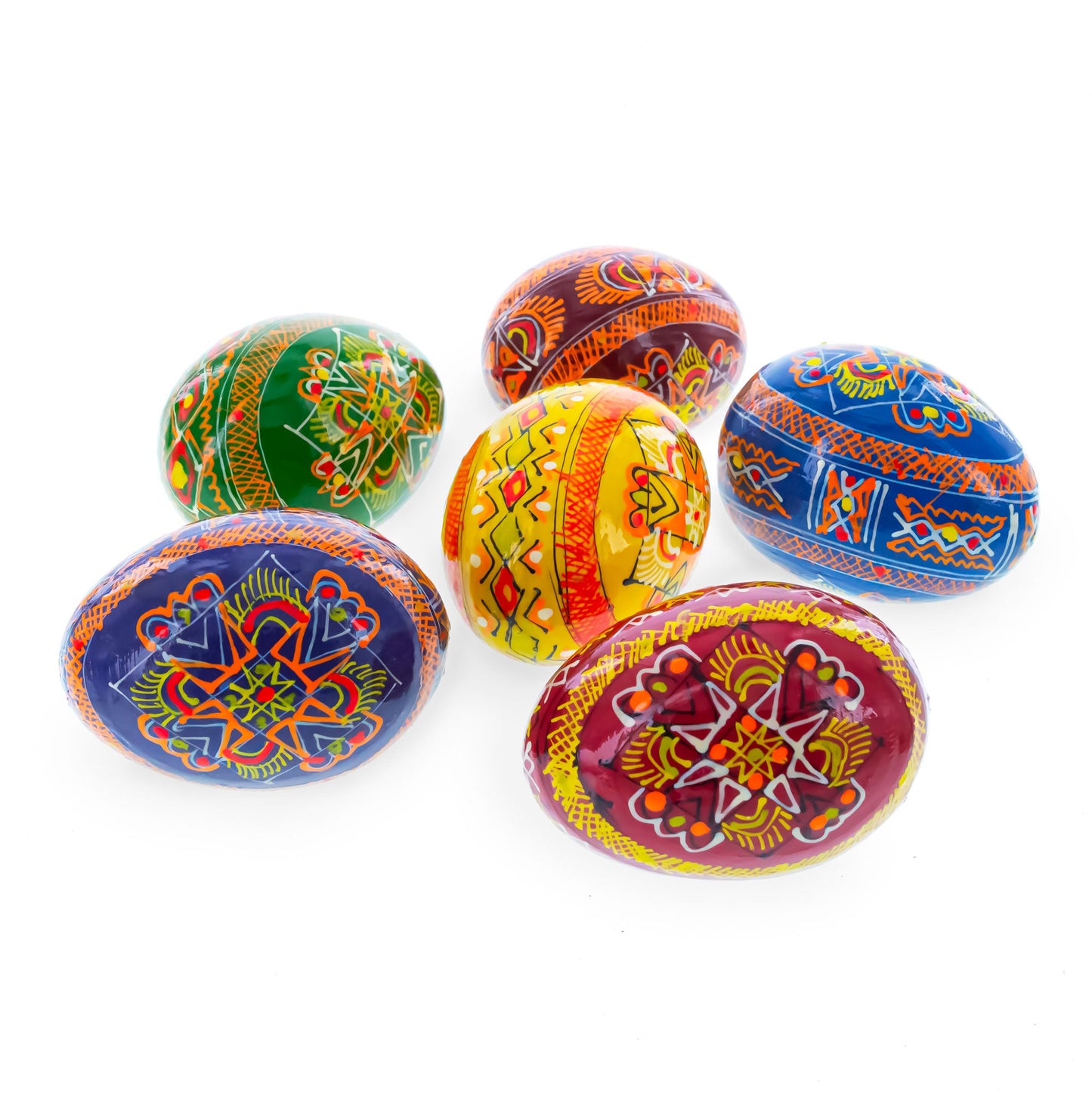 Set of 6 Folk Art Patterns Wooden Ukrainian Easter Eggs 2.5 Inches