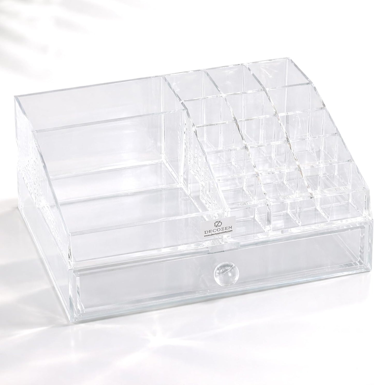 Clear Makeup Organizer - Acrylic Cosmetic Storage Box with 19 Slots & Drawer