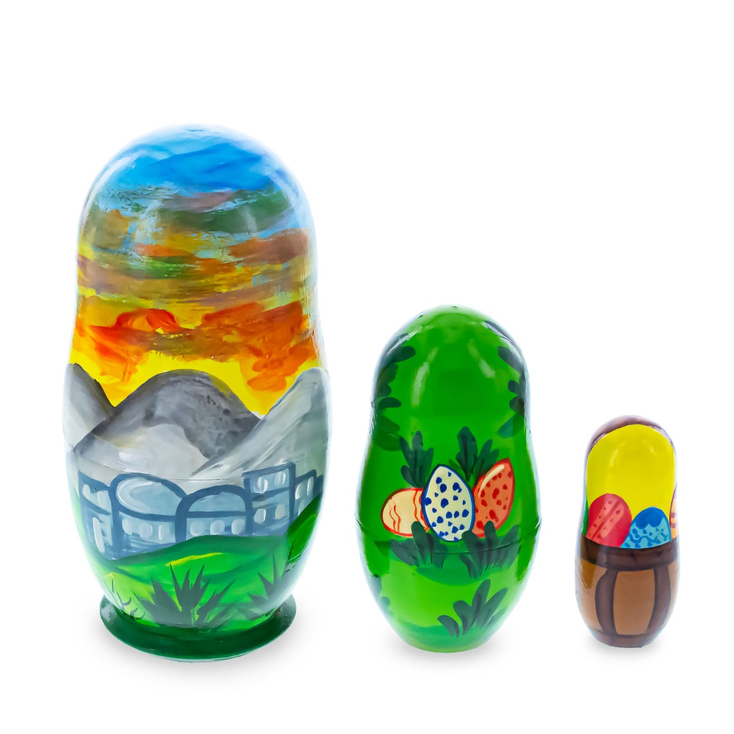 Set of 3 Jesus with Cross, Easter Eggs Wooden Nesting Dolls 4.25 Inches