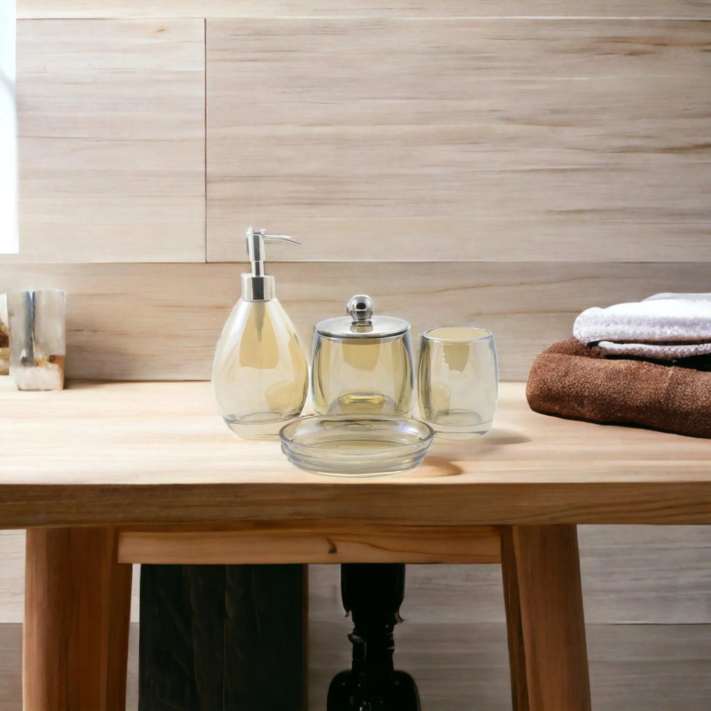 Modern Bathroom Decor - 4 Piece Glass Bathroom Set of Champagne Color