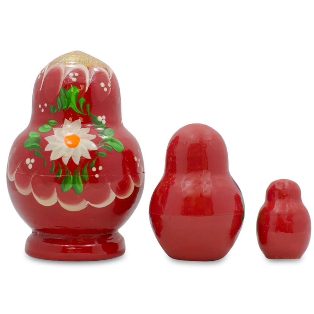 Set of 3 Floral Red Miniature Nesting Dolls 3.5 Inches