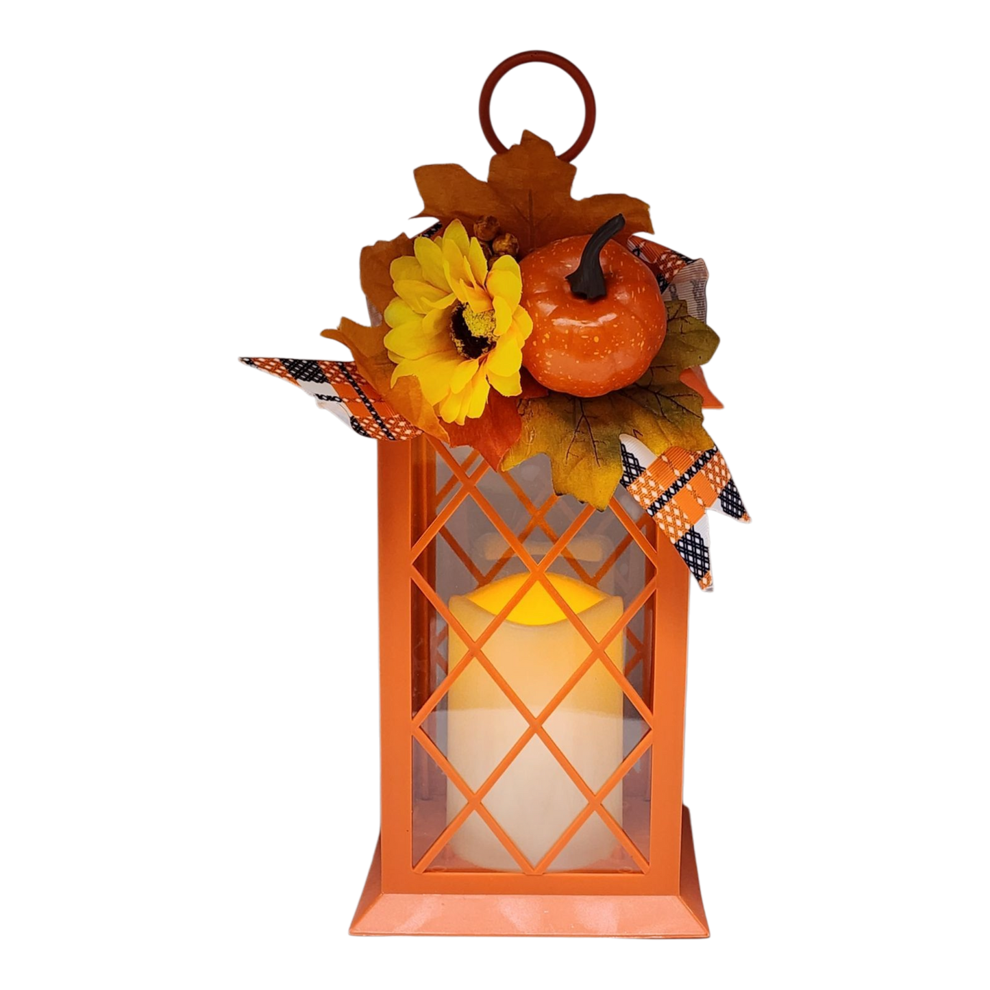 Harvest Lantern with Flickering LED Candle - Orange