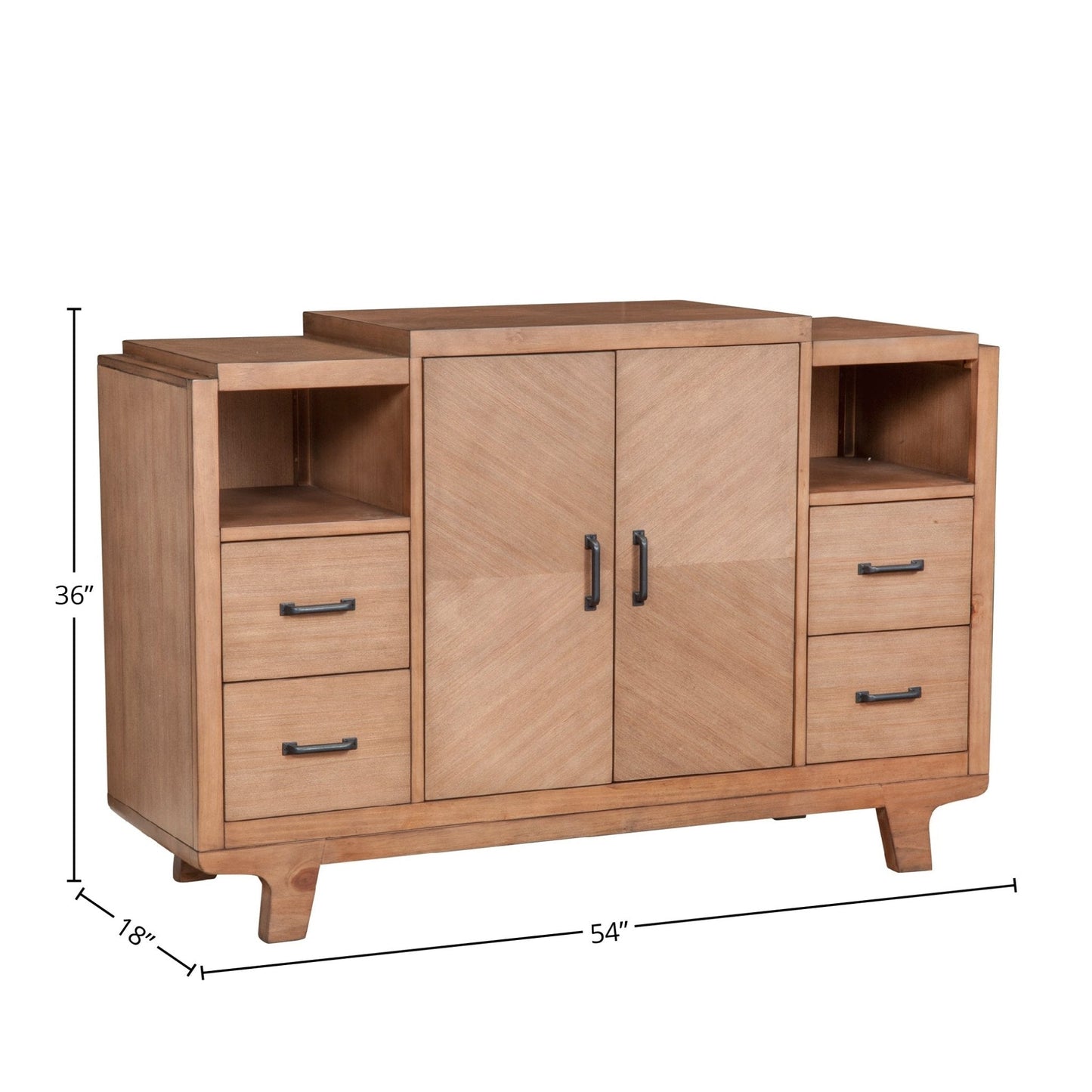Olejo Server in Natural finish with storage drawers and open shelves, perfect for dining decor.