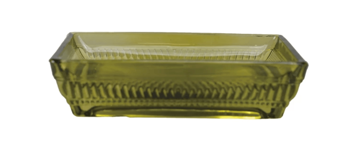 Olive Green Glass Soap Dish – Rectangular with Patterned Rim