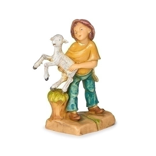 Leo Son Shepherd - Fontanini 5" Collection, a young shepherd holding a baby goat, perfect for nativity scenes.