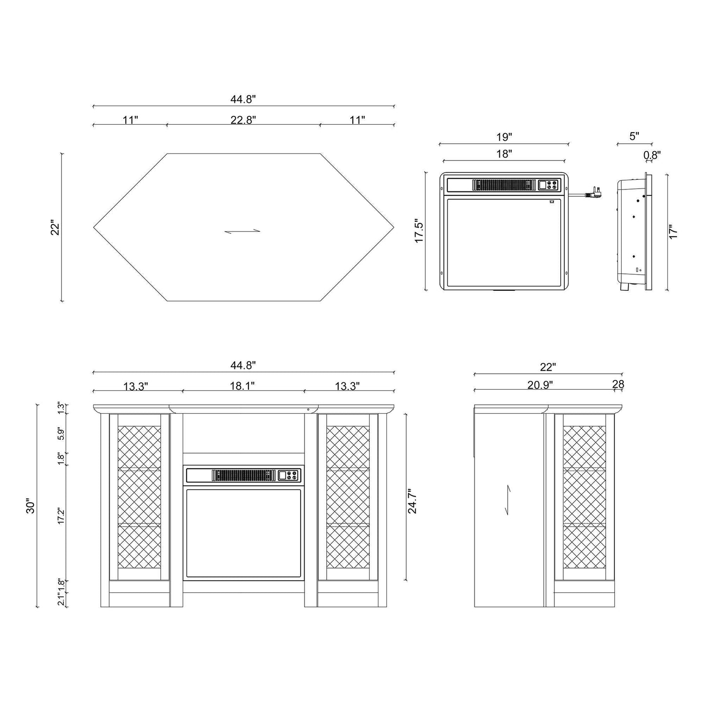 45" Corner Electric Fireplace TV Stands Console Table Insert 18" Electric Fireplace with 2 Metal Mesh Doors
