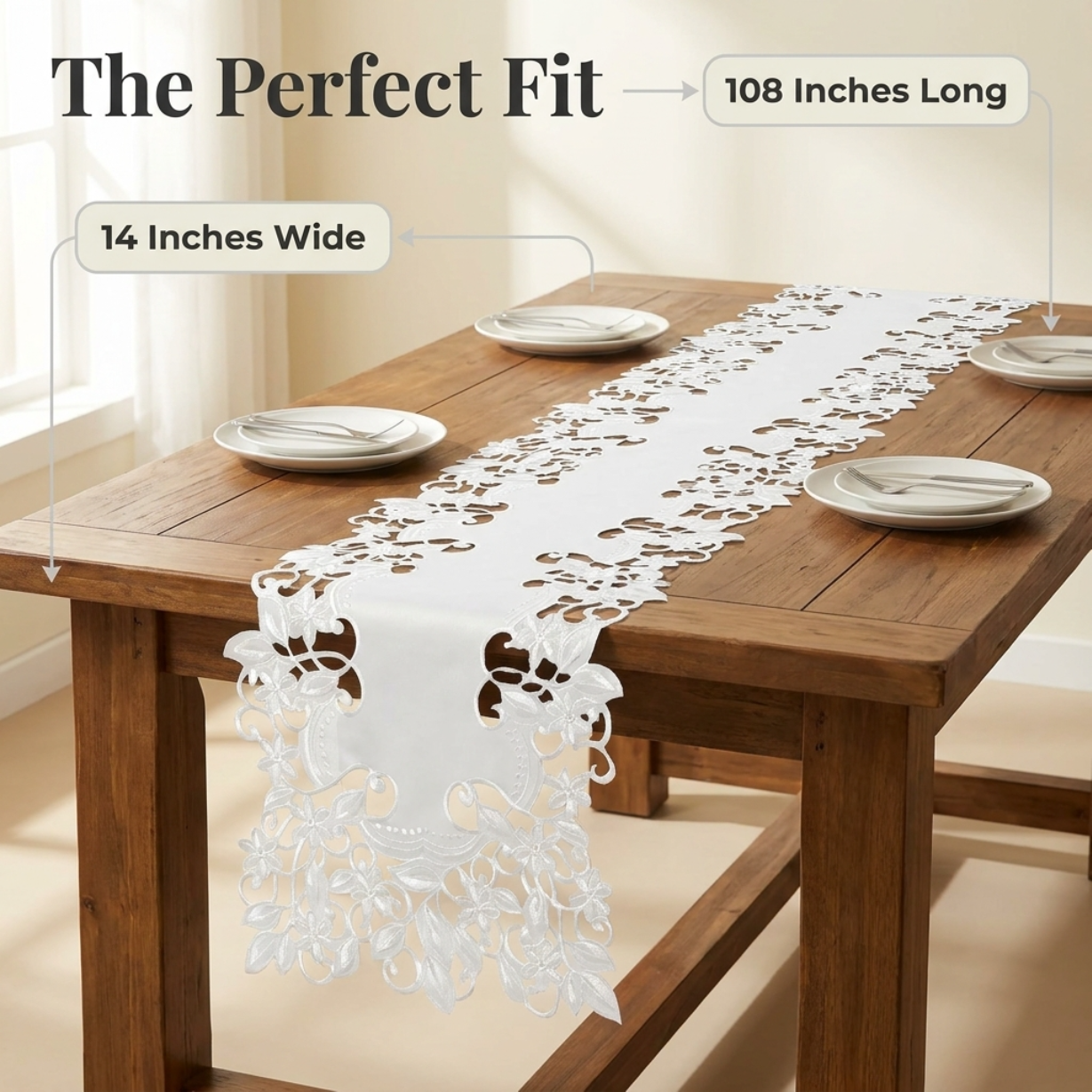 European Embroidered Table Runner – White Rustic Linen Decor 14x108 Inches