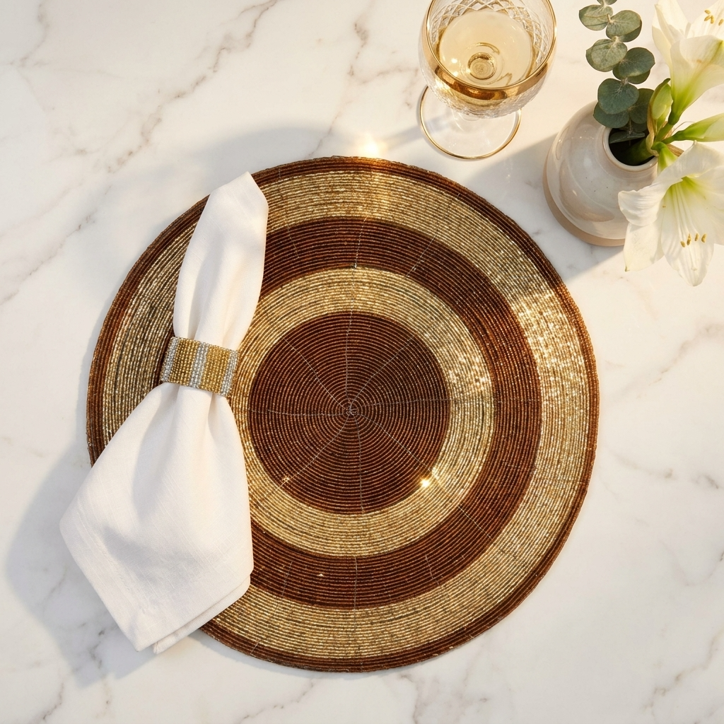 Beaded Placemats – Round Handmade Table Mats with Embroidered Glass Beads, 14 Inch
