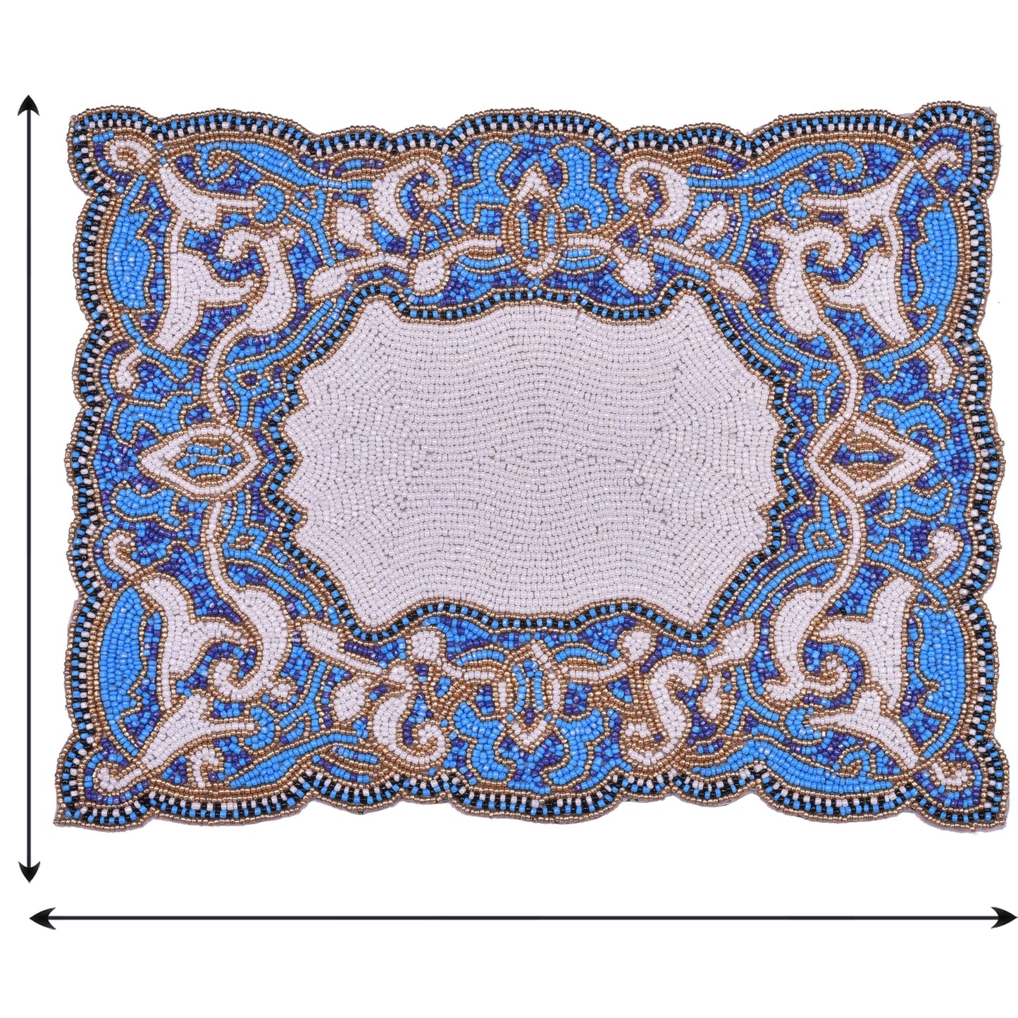 Beaded Placemats – Handmade Blue White Embroidered Dining Table Decor 12x16 Inch