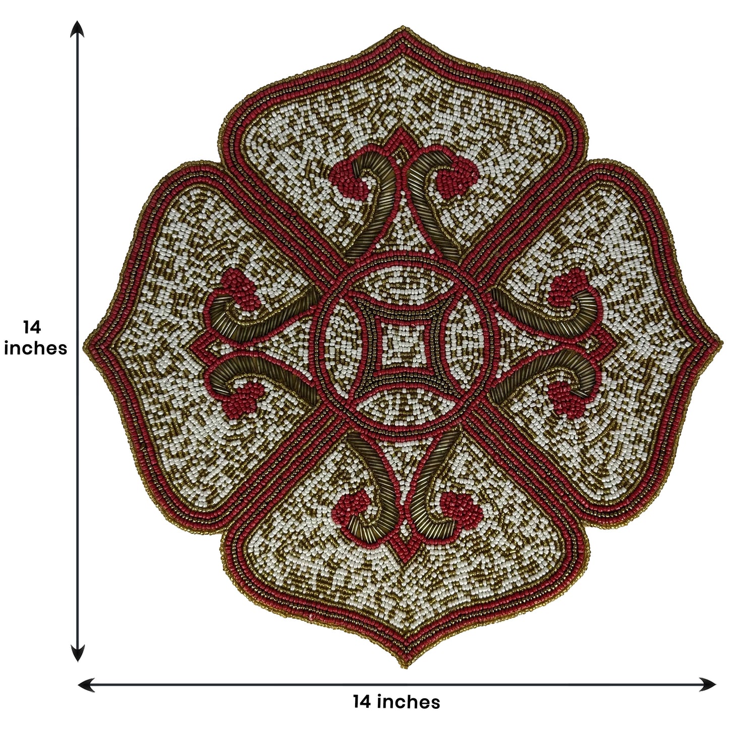 Beaded Placemats – Handmade Gold Red White Table Decor Mats, 15 Inch Satin Backing