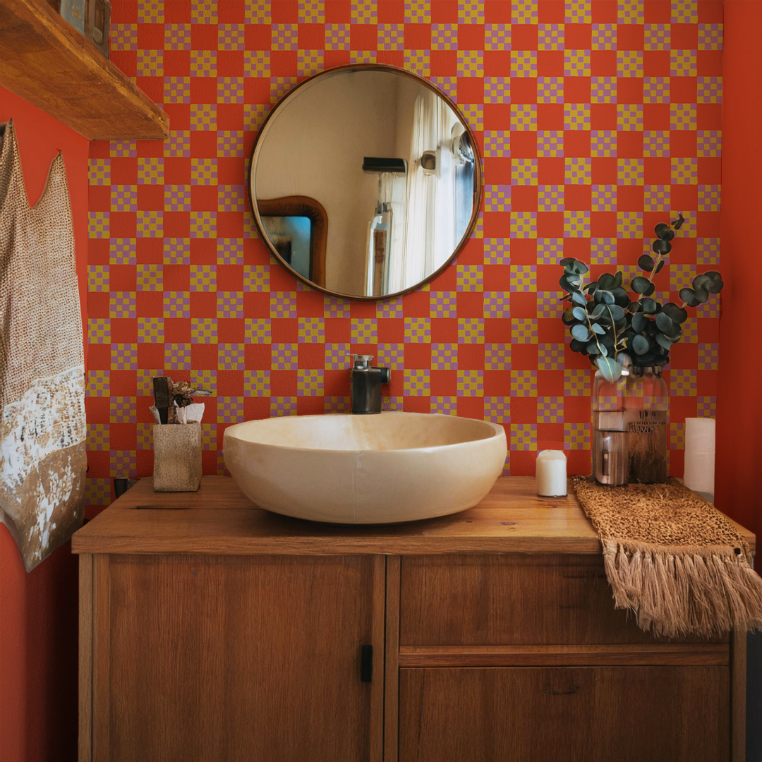 Checkered Quilt Wallpaper, red-orange, yellow and purple