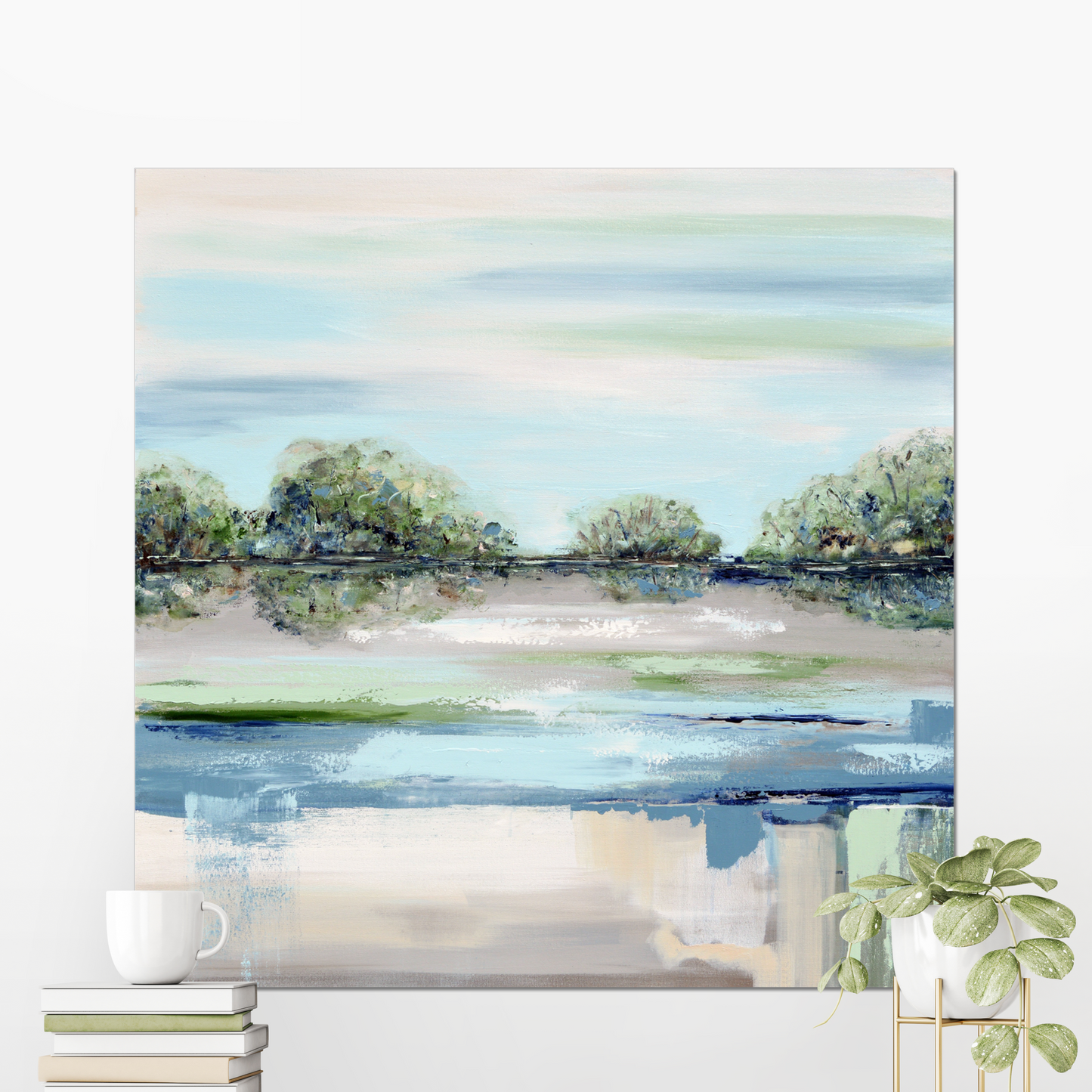"Morning Meditation" GICLEE PRINT Art Coastal Abstract Painting Blue Green Grey Modern Landscape Trees