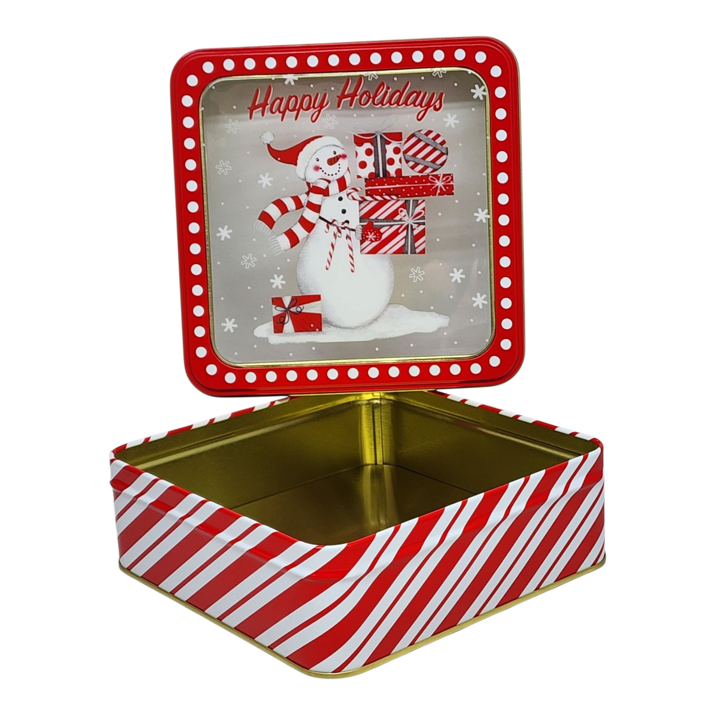 Square Cookie Tin with Window - Happy Holidays Snowman