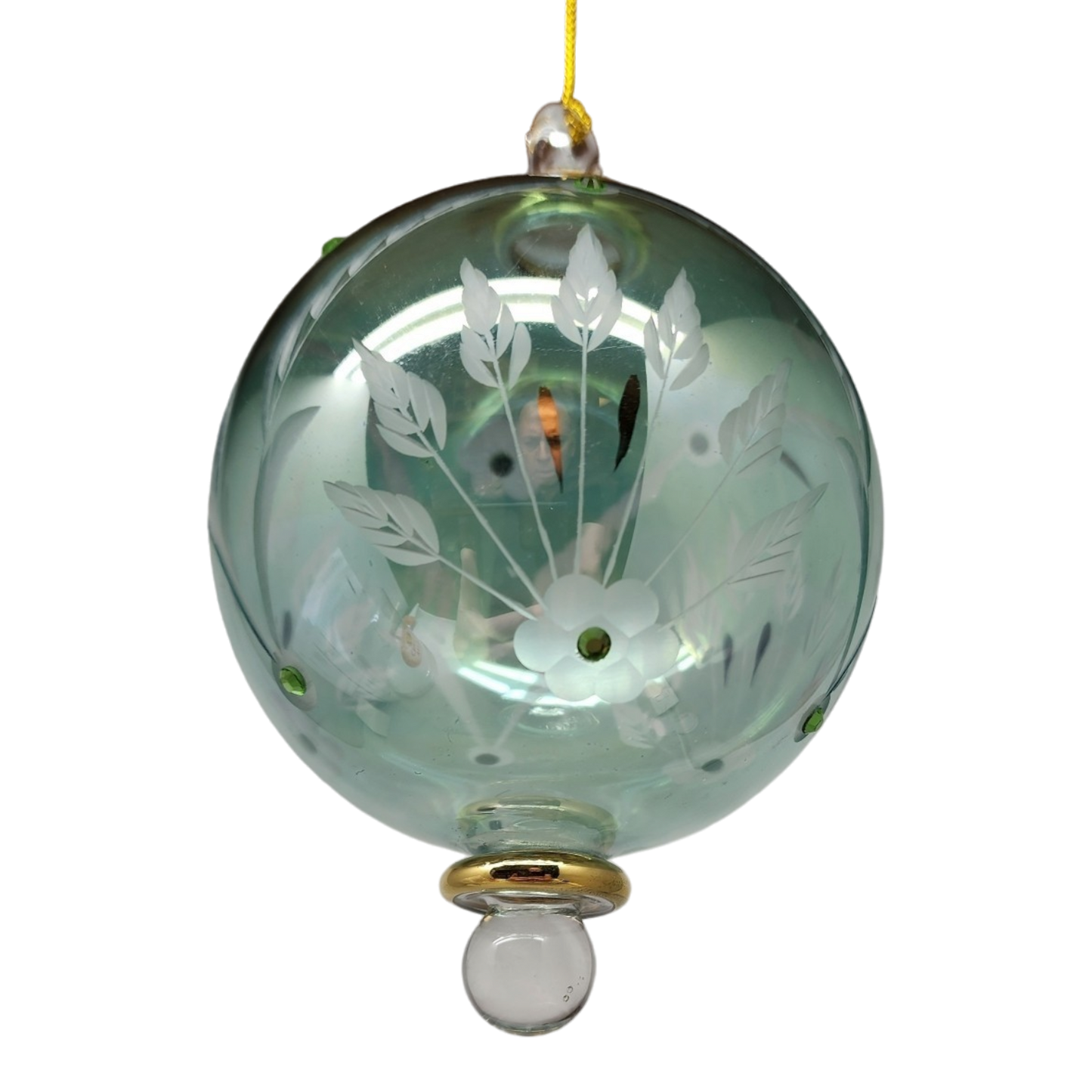 Etched Blown Glass Ball with Crystal Accents - Green