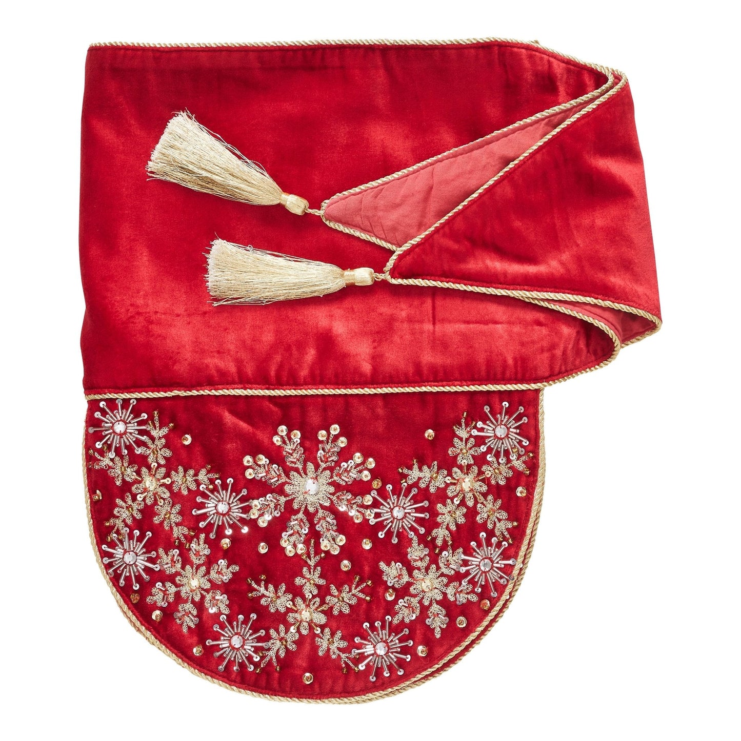 Red Velvet Mantel Scarf Hand Beading and Crewel Embroidery - 72" Arcadia Home