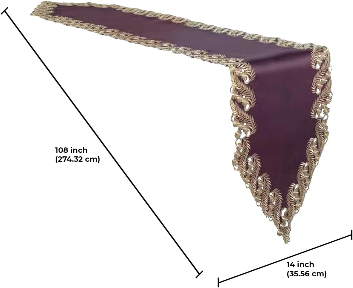 Plum Gold Table Runner – Anyce Collection Rustic Embroidered Linen Decor 14x108 Inch