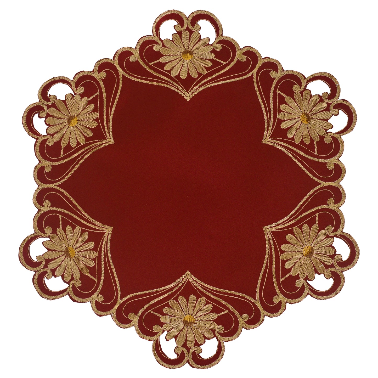 Round Placemats – Imperial Red Linen Placements with Red Lace Doilies, 15 Inch
