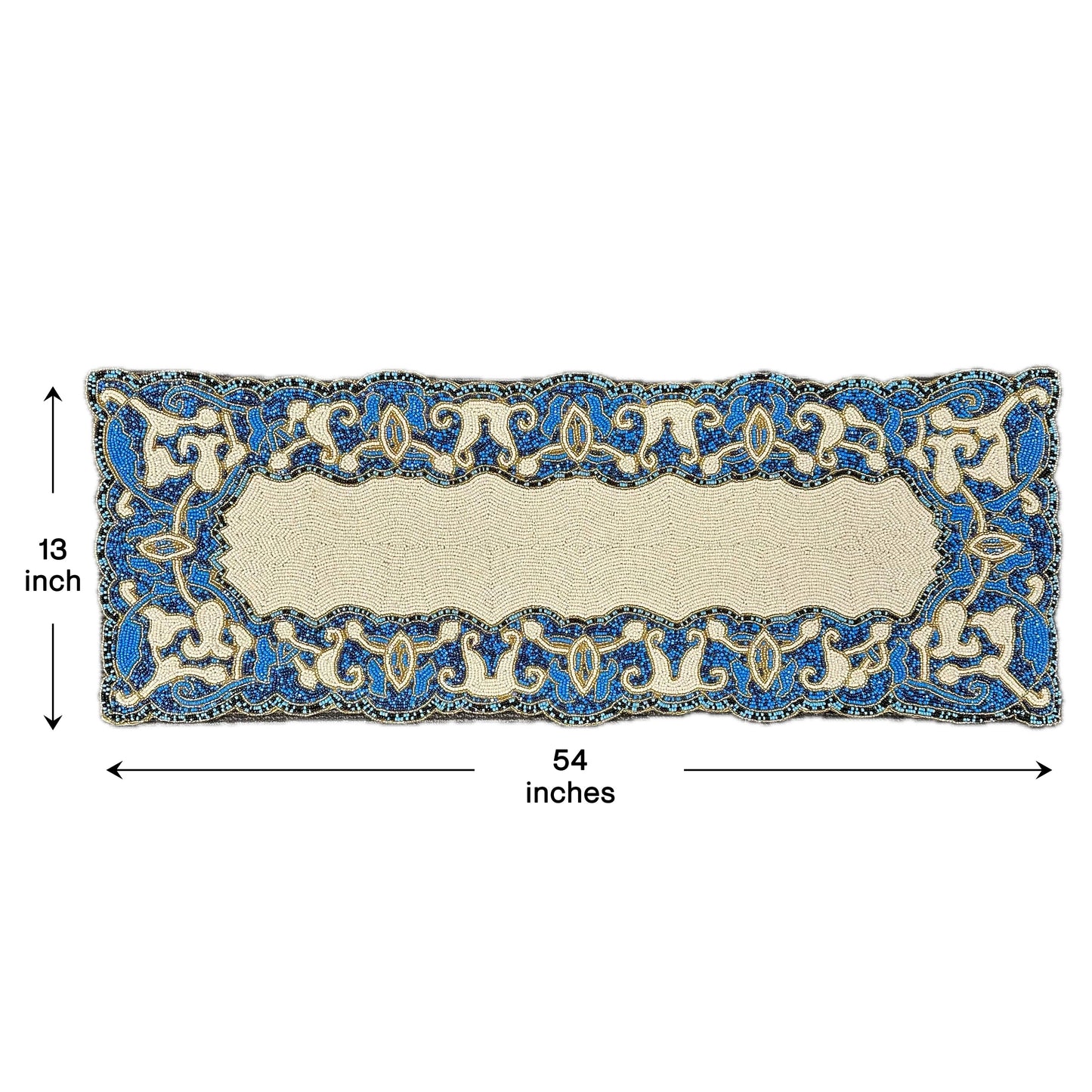Beaded Table Runner - White Blue Satin Backing | Embroidered Glass Bead Decor