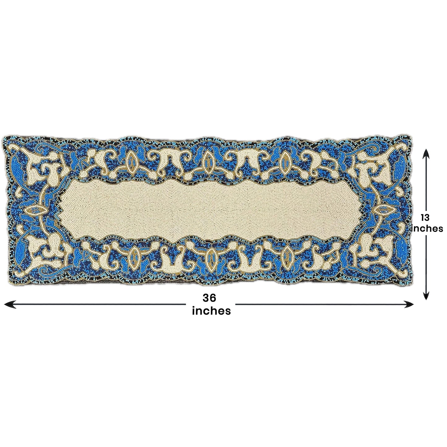 Beaded Table Runner - White Blue Satin Backing, Scratch Resistant Dining Decor