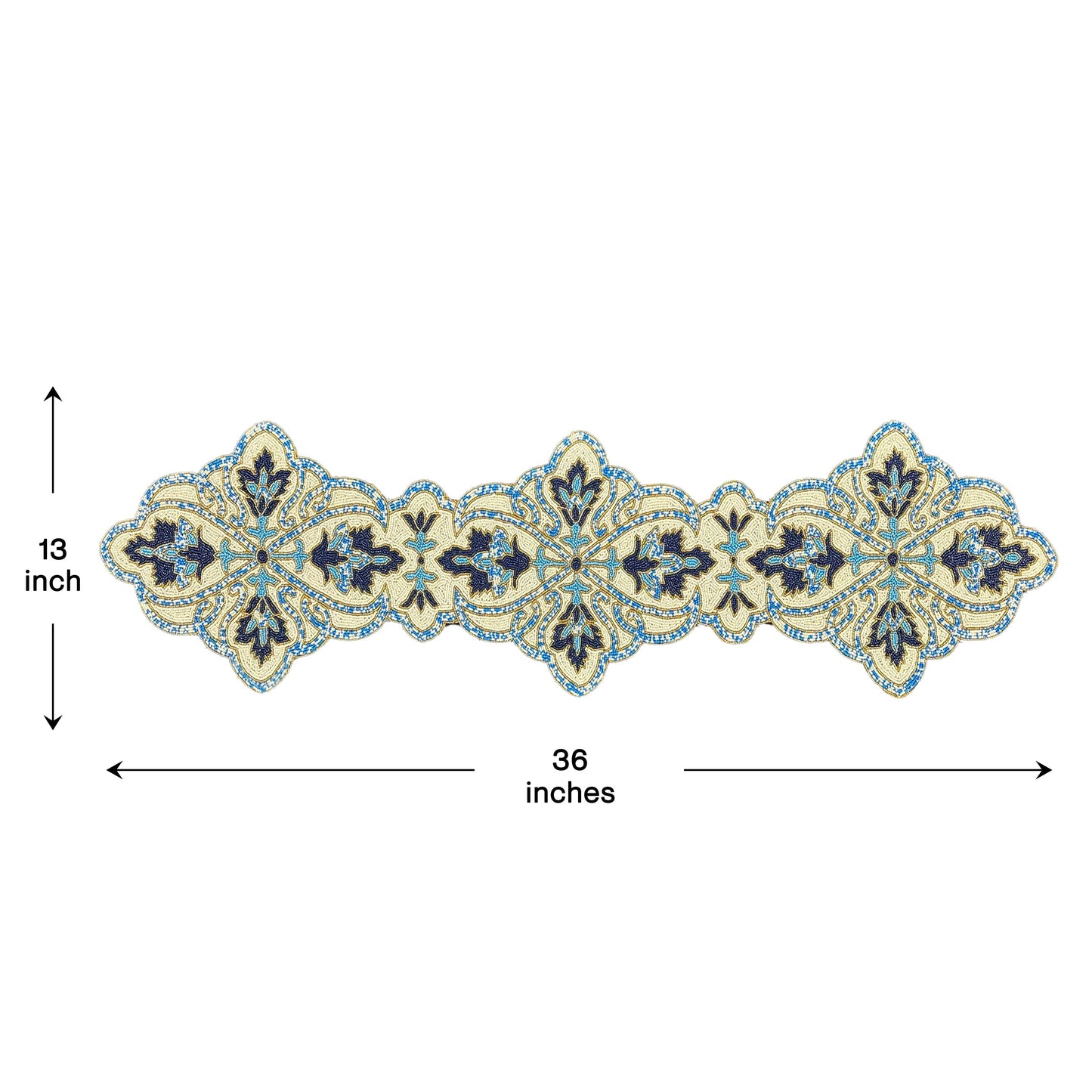 Beaded Table Runner - Blue White 36" x 13" | Embroidered Satin Fabric Backing