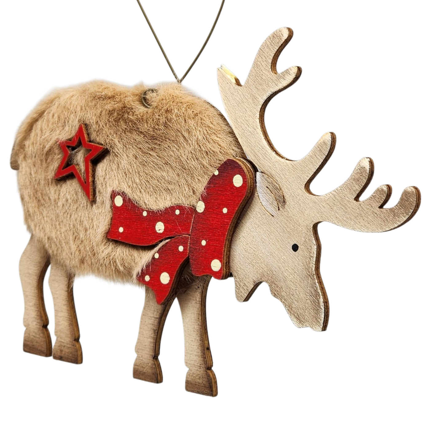 Fuzzy Wooden Reindeer Ornament - Looking Right