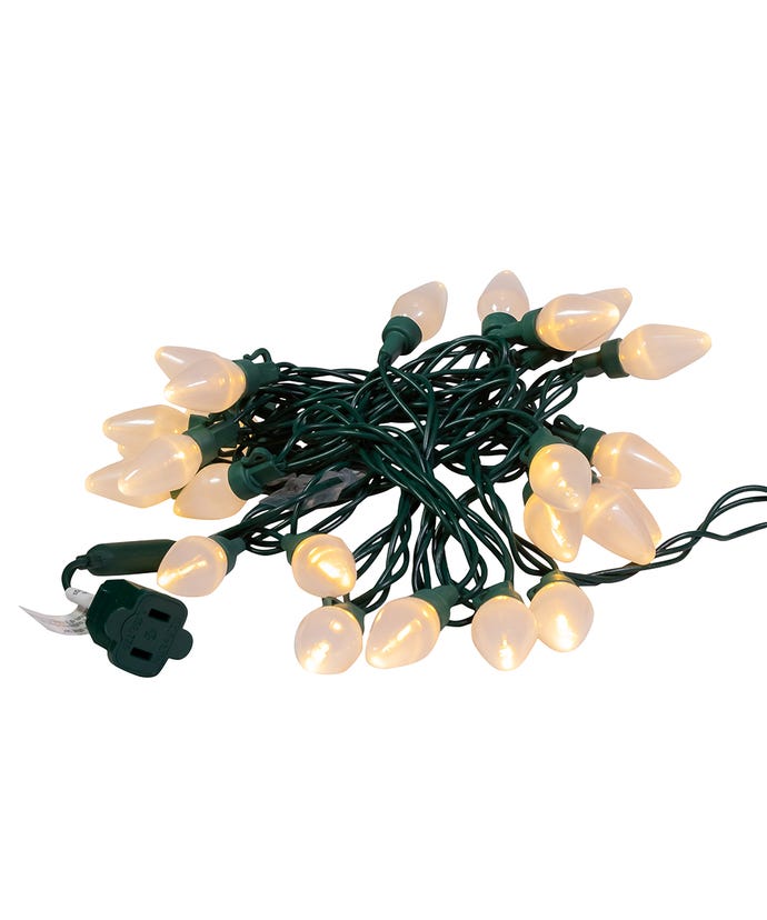 25-Light Warm White Pearl LED C7 Light Set With Green Wire