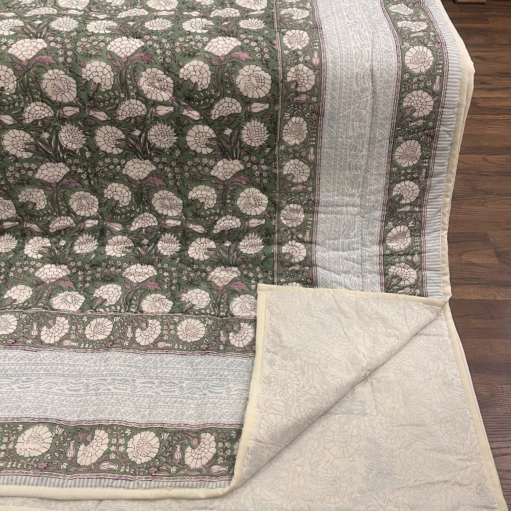 Forest Green Floral Jaipur Indian Hand Block Print Quilted Comforter