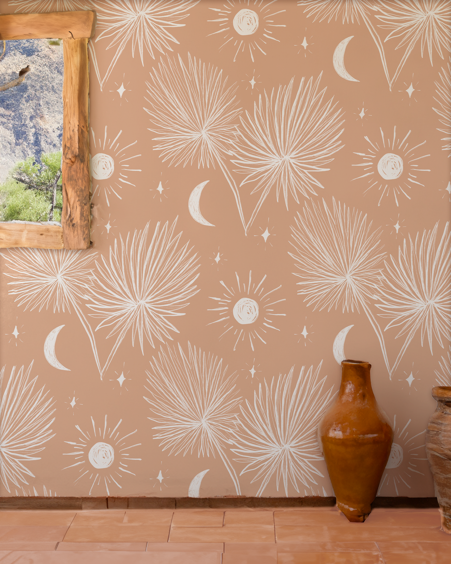 Night Palm Wallpaper, terra cotta and white