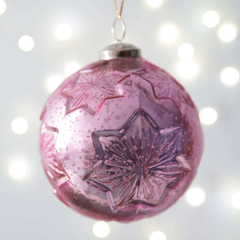 Snowflake Antique Mercury Glass Ball Christmas Ornaments in Pink (Set of 4)