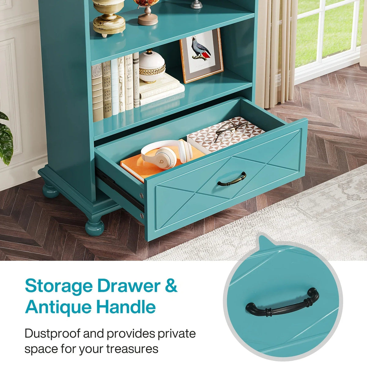 Solid Wood 6-Shelf Bookcase with Drawer, 71 Inch Ocean Blue